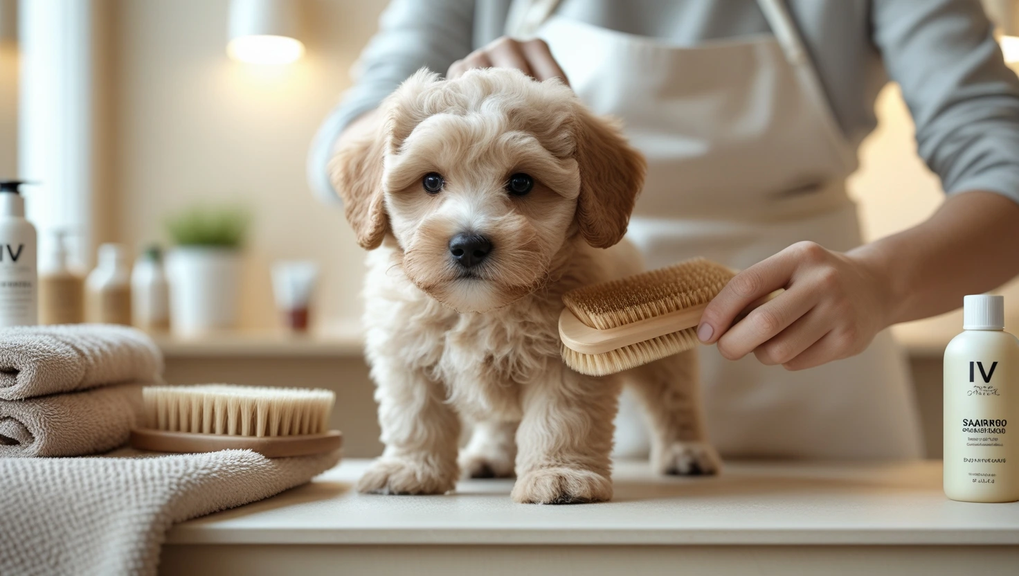 A groomer gently brushing a puppy during a KLŌS Beginnings grooming session in Milton, GA.