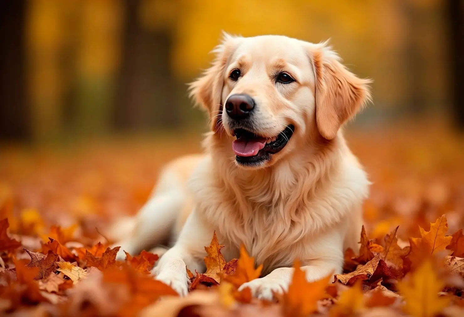 Golden Retriever being brushed in a warm-toned grooming salon, surrounded by autumn leaves—showcasing seasonal coat care in Milton.